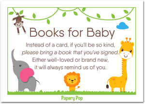 50 Books for Baby Shower Request Cards for Boy or Girl (50 Pack) - Bring a Book Instead of a Card - Safari Jungle Zoo Animals