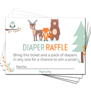 50 Diaper Raffle Tickets for Baby Shower Boy or Girl (50 Pack) - Bring a Pack of Diapers to Win a Prize - Woodland Animals