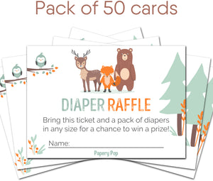 50 Diaper Raffle Tickets for Baby Shower Boy or Girl (50 Pack) - Bring a Pack of Diapers to Win a Prize - Woodland Animals