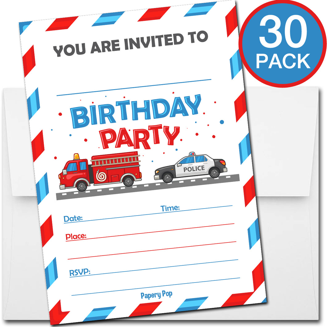 30 Birthday Invitations with Envelopes - Kids Birthday Party Invitations for Boys or Girls - Firetruck Police Fire Truck Vehicles
