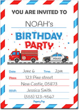 30 Birthday Invitations with Envelopes - Kids Birthday Party Invitations for Boys or Girls - Firetruck Police Fire Truck Vehicles