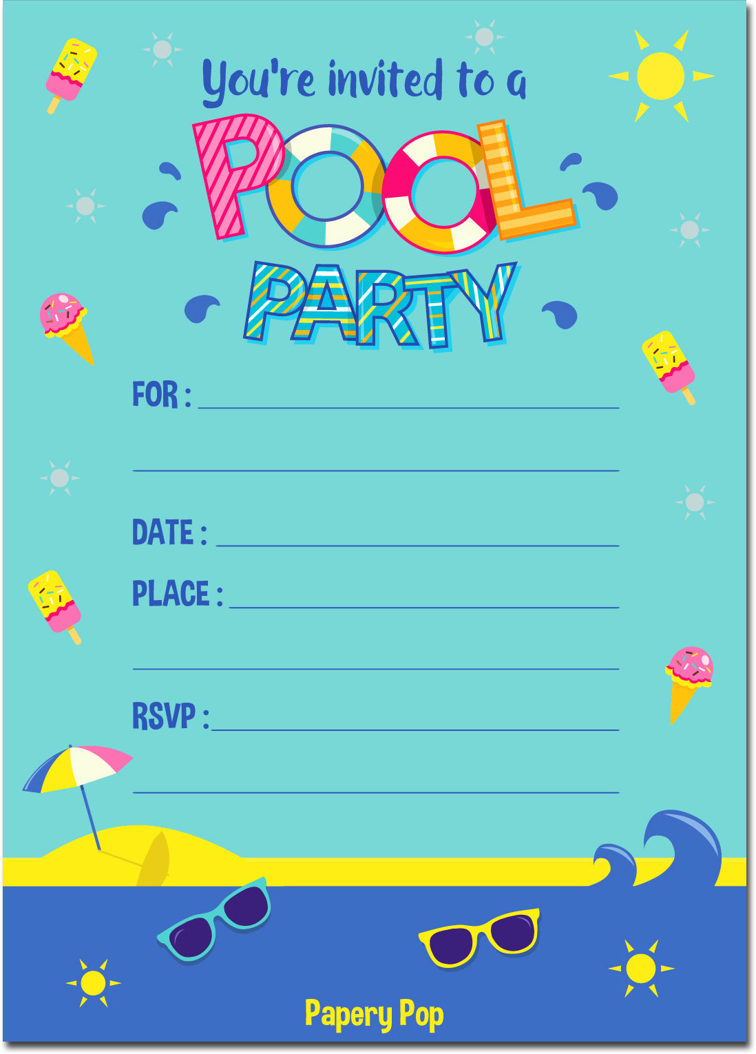 30 Pool Party Invitations with Envelopes - Kids Birthday Party Invitat – Papery Pop 30-pool-party-invitations-with-envelopes-kids-birthday-party-invitat-papery-pop