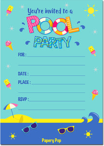 30 Pool Party Invitations with Envelopes - Kids Birthday Party Invitations for Girls
