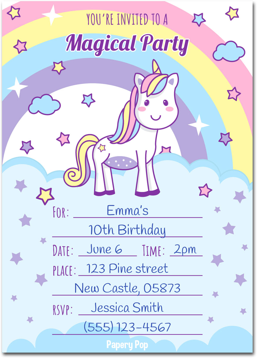 30 Unicorn Birthday Invitations with Envelopes - Kids Magical Birthday ...